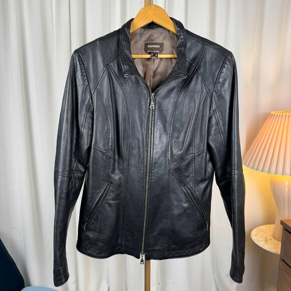 Danier Black Leather Moto Jacket Made in Canada sz Large - Picture 2 of 13